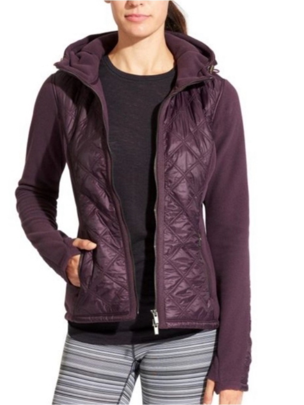 Athleta Women’s Vortex Quilted Hooded Fleece Jacket 2 Way Zip Purple Medium
